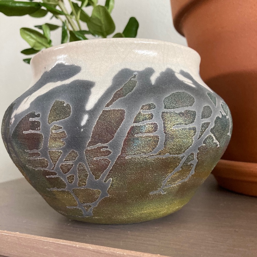 Vintage Raku Iridescent Wide Mouth Ceramic Vase - Picture 4 of 8